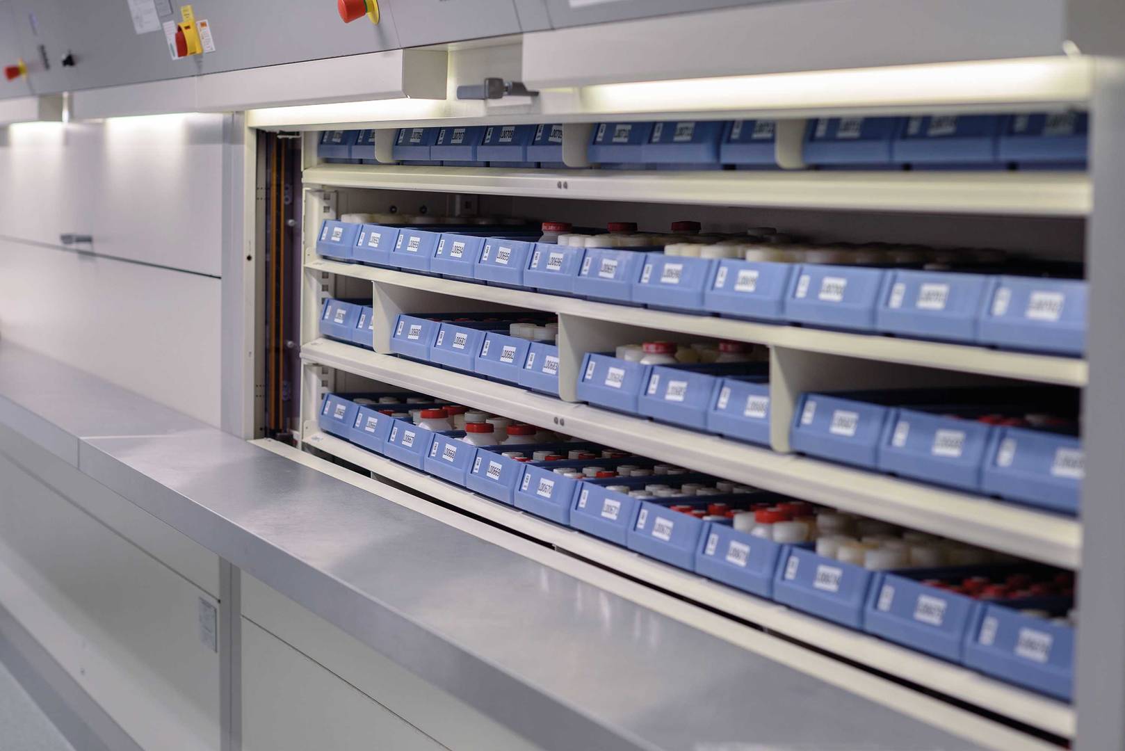 A roller shelf cabinet with chemical building blocks