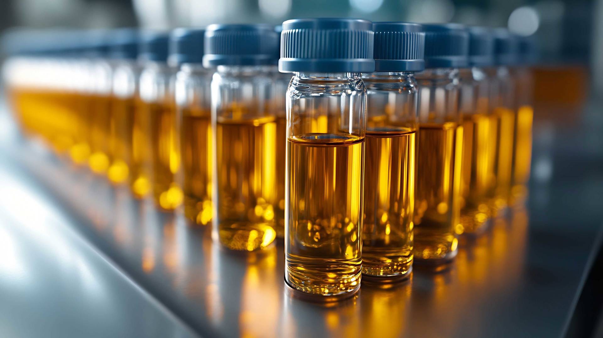 A collection of closed lab vials containing samples of urine, arranged neatly for analysis in a laboratory setting.